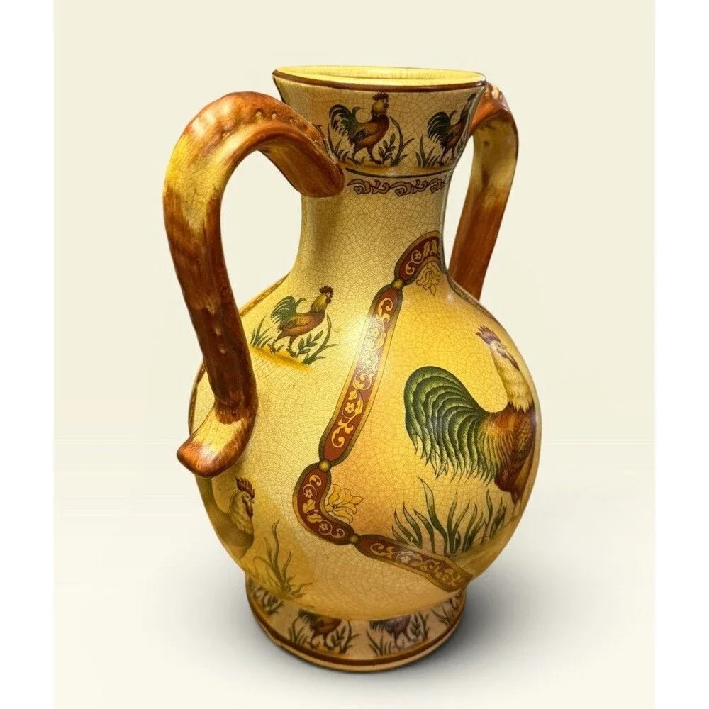 French Country Farmhouse Rooster Amphora Vase 10” Twin Handle Crackle Glaze